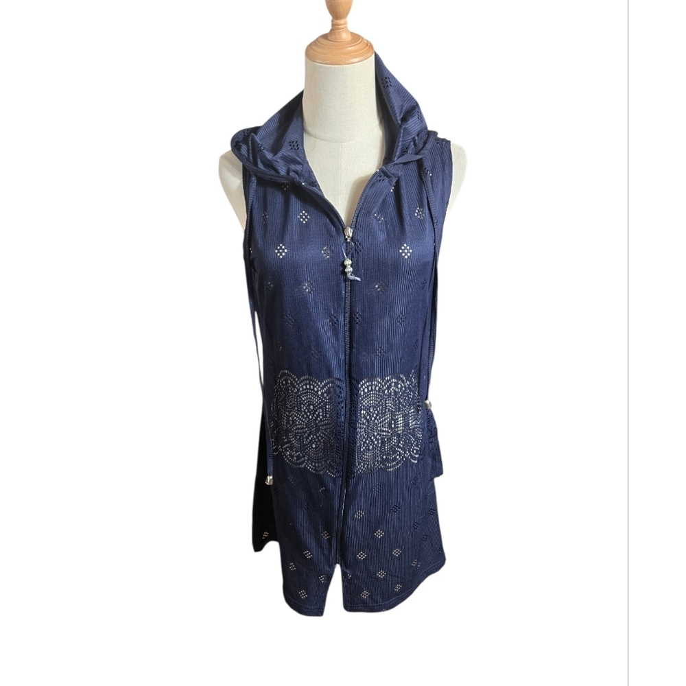 Ellen Weaver Navy Blue Sleeveless Hooded Beach Cover Up